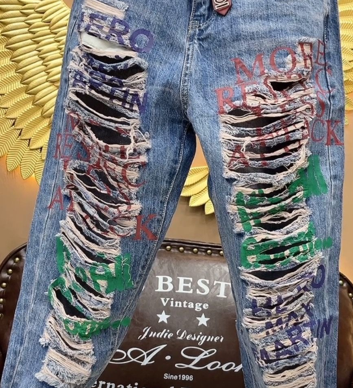 Fashion Trend Letter Striped Ripped Jeans For Women
