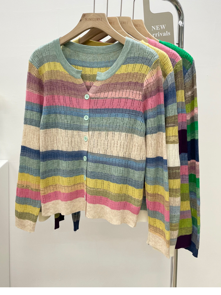 Color Knit Cardigan Women's Autumn V-neck Hollow Striped Bottom Top Long-sleeved Fashion Sweater