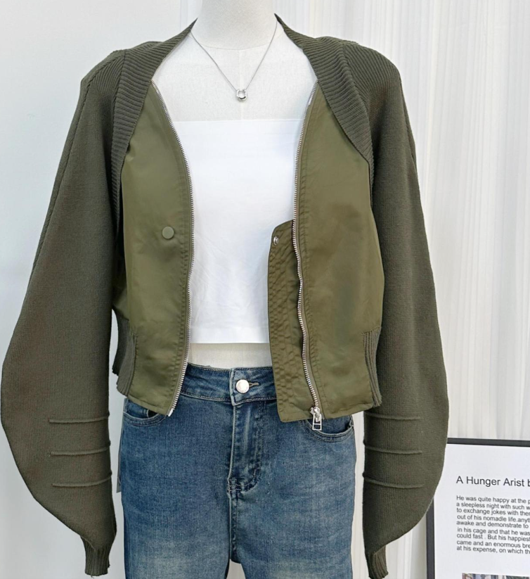Knit Patchwork Zipper Cardigan High Waist Fake Two Short Coat Women's Jacket Top