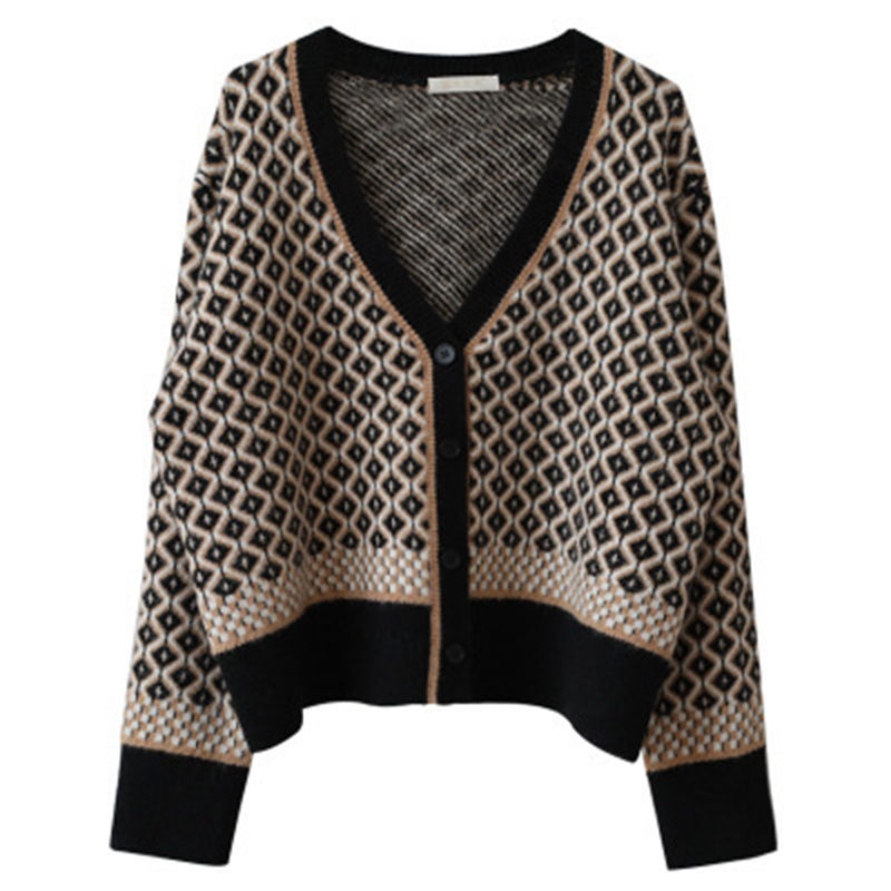 Knit Cardigan V-neck Diamond Check Chunky Loose Sweater Coat For Women