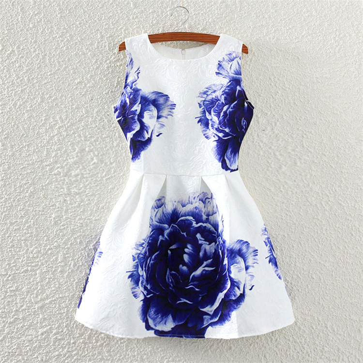 Collar Peony Blue And White Porcelain Printing Sleeveless High Waist Vest Dress Clearance