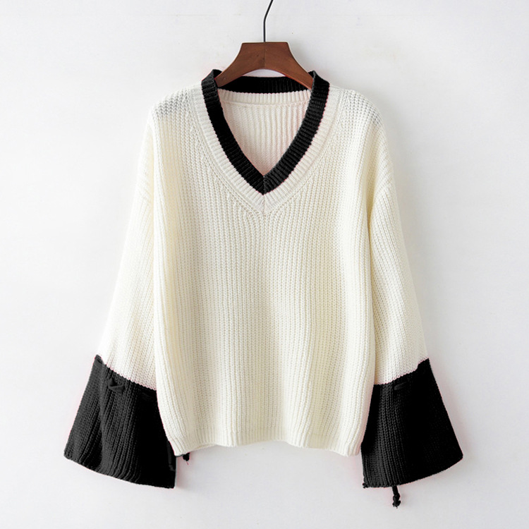 V-neck Pullover Sleeve Lace-up Loose Knit Sweater Long-sleeved Sweater For Women