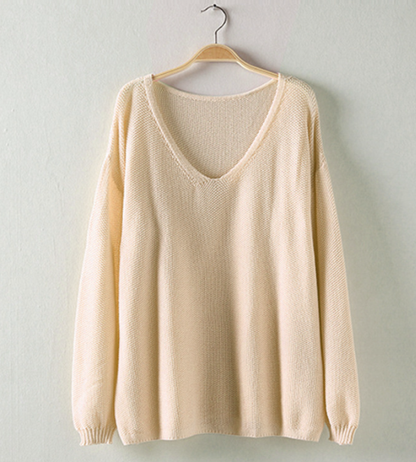 V-neck Long Sleeve Loose Thin Knit Sweater Solid Color Casual Pullover Sweater