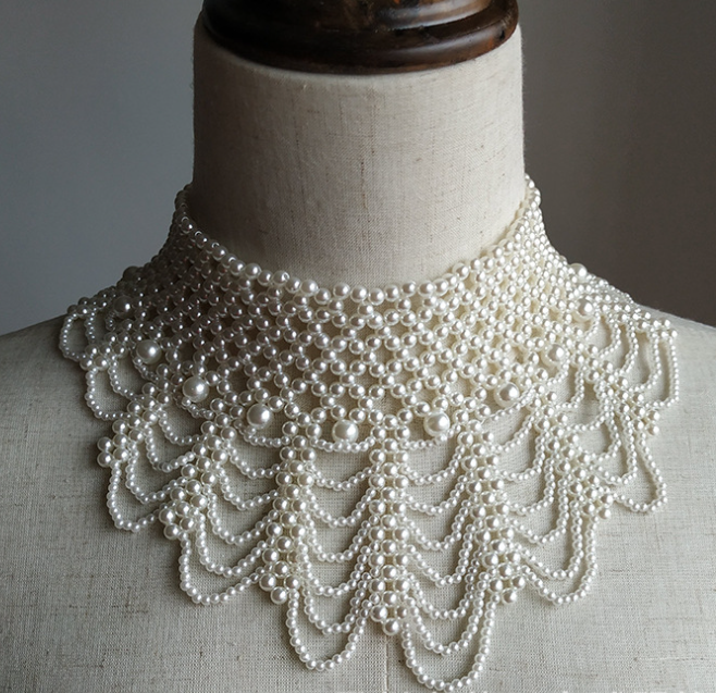 Extended High Neck Hand Woven Six Layers Of Wave Hollow Imitation Pearl False Collar Summer Necklace Bib