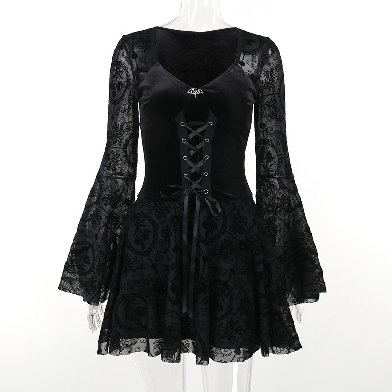 Summer Fashion Temperament Elegant Slim Dress Vintage Dark Flocking Long-sleeved Dress