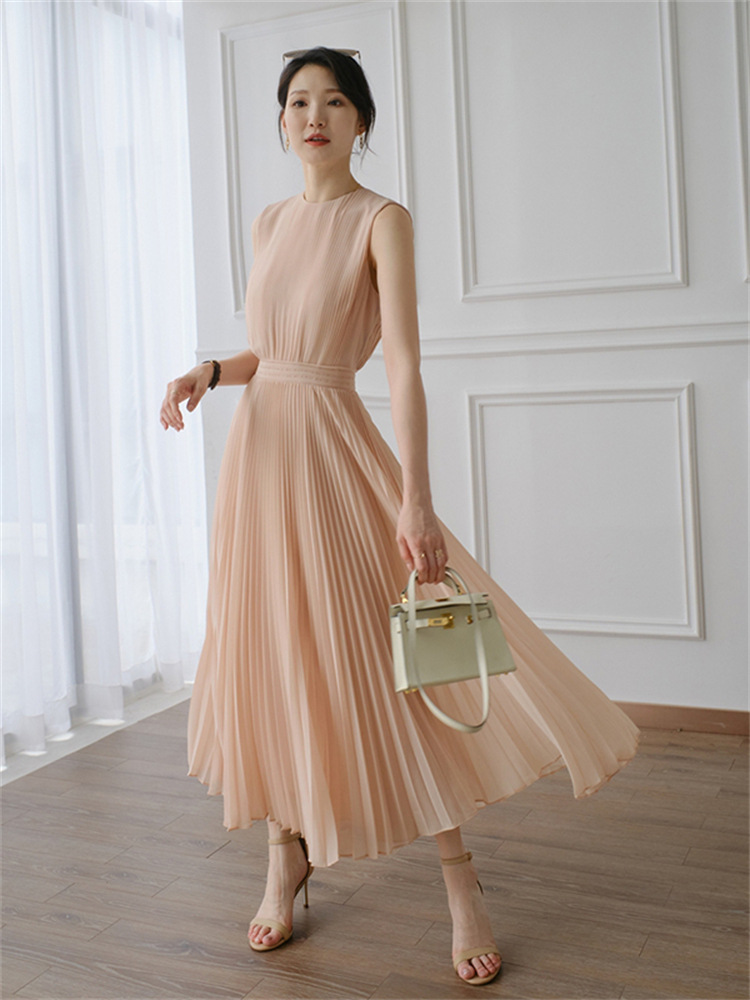 Gentle Design Sense Fairy Waist Full Skirt Pink Pleated Dress