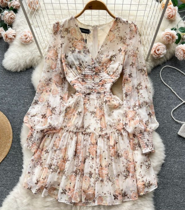 Sweet Print Halter Dress Women Spring Fall French Floral Sexy Dress