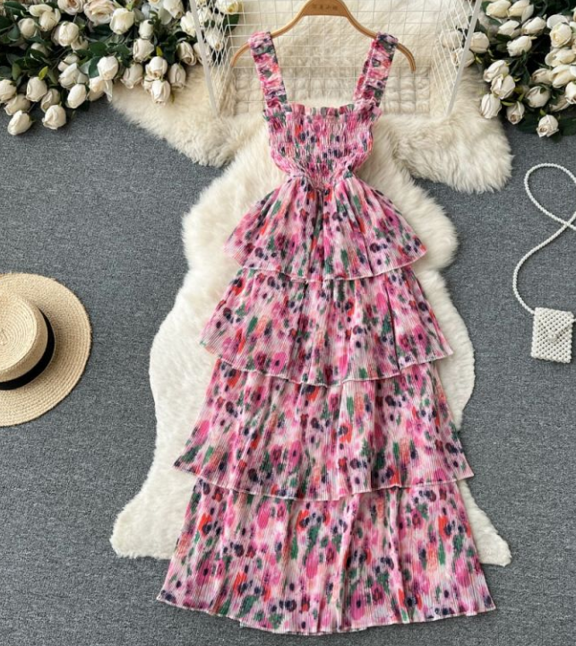Summer Dress French Cake Dress Female Wooden Ear Edge Temperament Holiday Style Pleated Floral Halter Dress