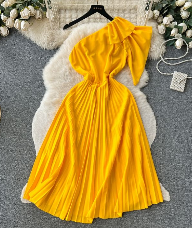 Diagonal Neckline Off-shoulder Slim Midlength Pleated Skirt Children's Summer Dress Girl Dress Dress Pendant Dress S-4xl Plus