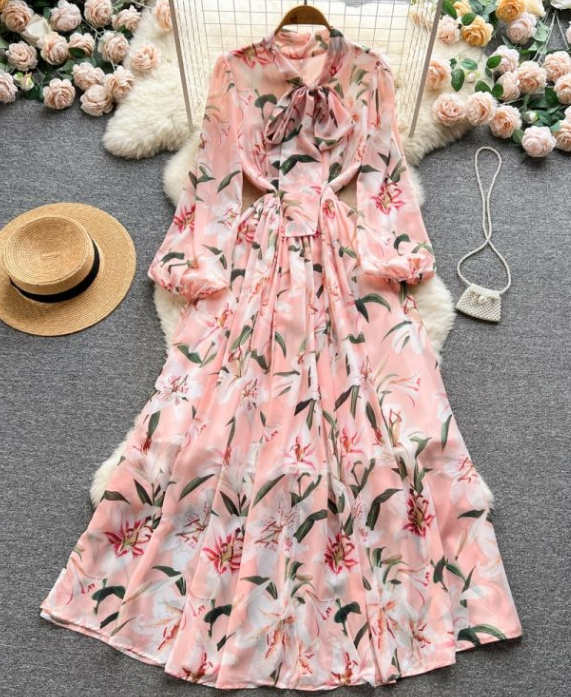 Sweet Dress Female Spring And Autumn Fashion Temperament Bubble Sleeve Over The Knee Floral Fairy Dress