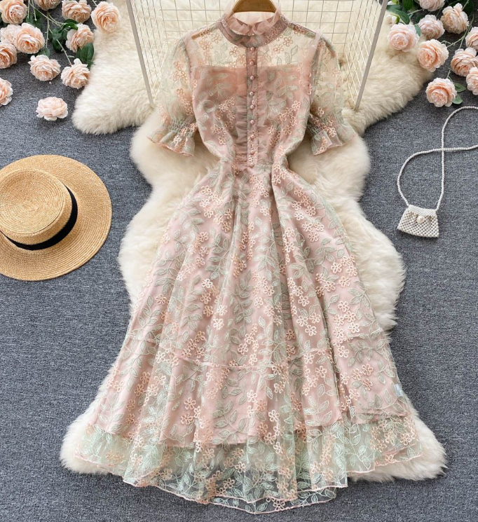 Summer Heavy Industry Embroidery Dress Skirt Elegant Medium Length Mesh Waist Puffed Sleeve Dress
