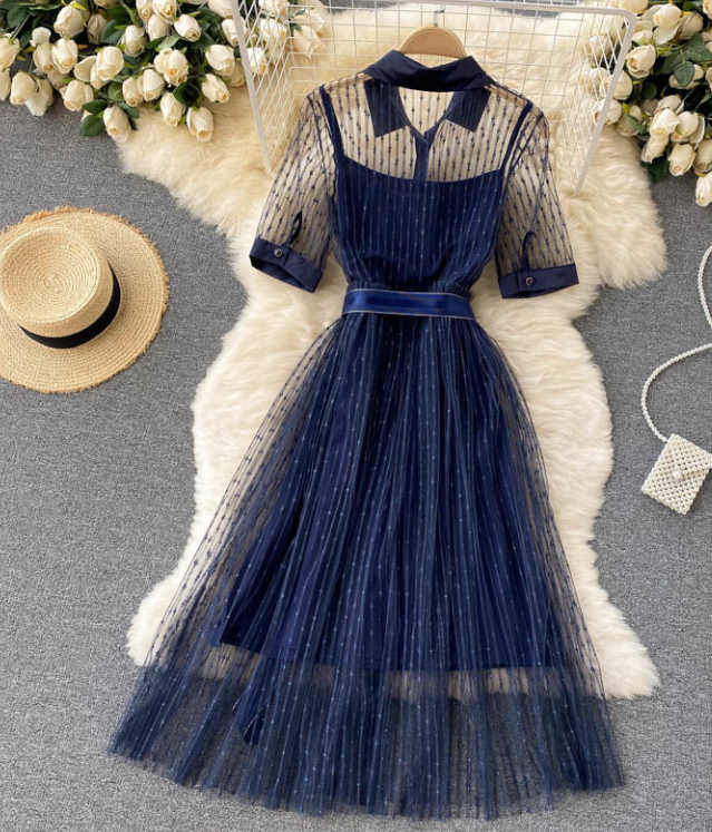 navy blue gauze dress Navy Blue Gauze Dress Collar Mid-length Dress With Mesh Sleeve