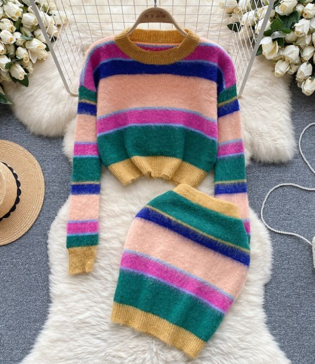 Colorful Striped Knit Women's Autumn/winter Round Neck Top + High Waist Skirt Two Pieces