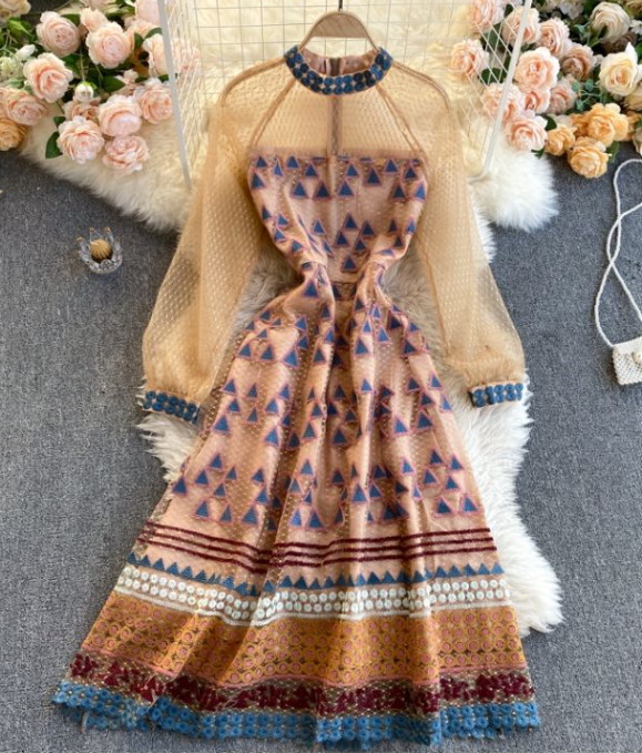 Vintage Heavy Industry Girl Small Fragrance Style Dress Women Long Sleeve Advanced Gauze Printing Dress