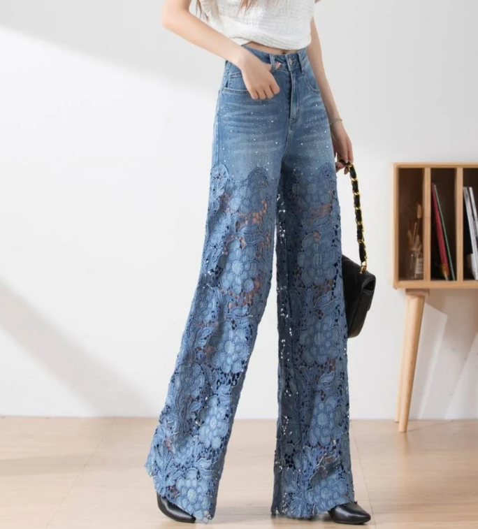 High-waisted Wide-leg Pants Women 2023 Spring And Summer Fashion Temperament With A Wispy Empty Lace Patchwork Denim Sag Pants