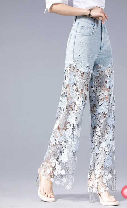 Summer All-in-one Lace Patchwork Denim Pants Down