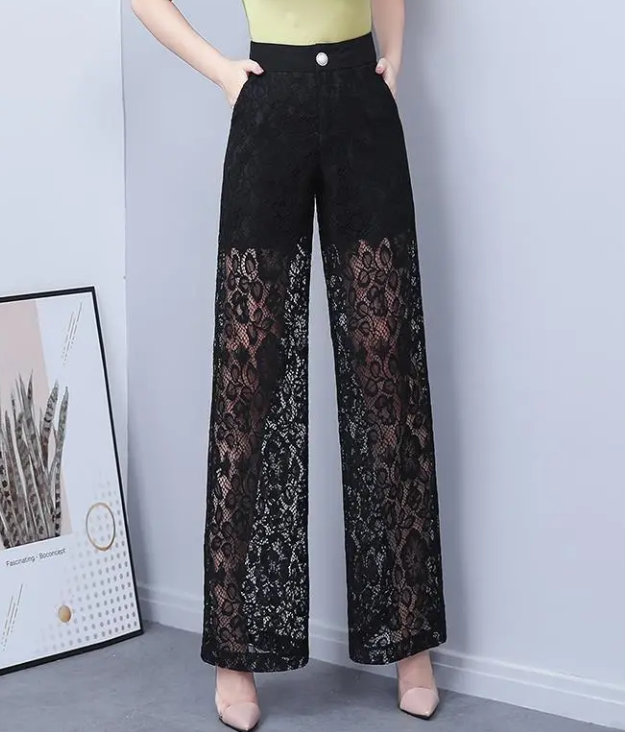 Lace Wide-leg Pants Women 2023 Summer High-waisted Thin Ice Silk Vertical Fashion Casual Women's Long Pants