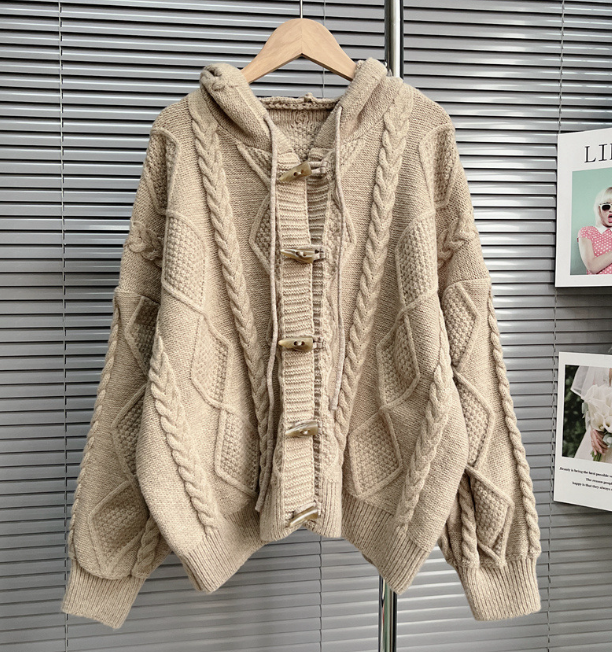Horn Button Hooded Sweater Coat Cardigan 2023 Autumn/winter Japanese Lazy Retro Twist Sweater