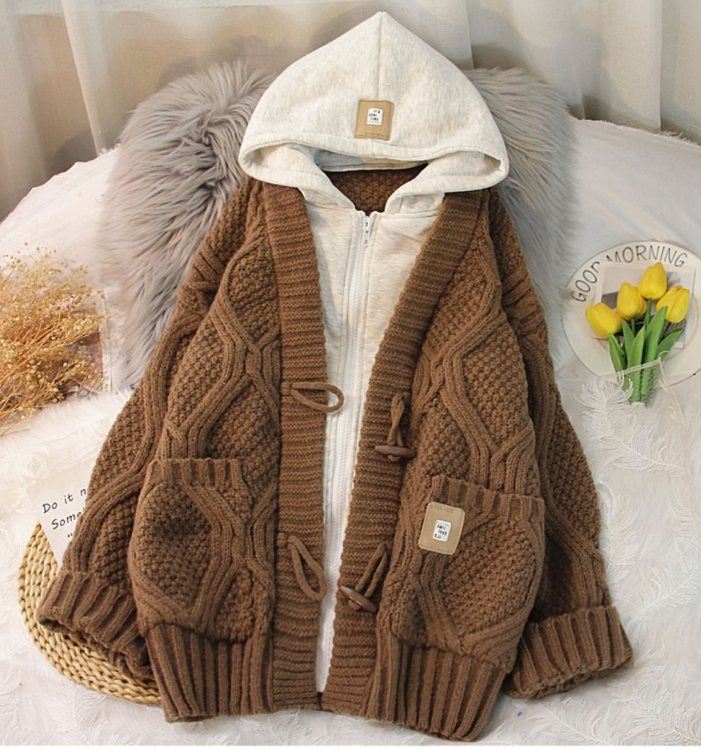 Two Hooded Sweater Coat Women's Autumn And Winter Twist Loose Lazy Wind Long Knit Cardigan