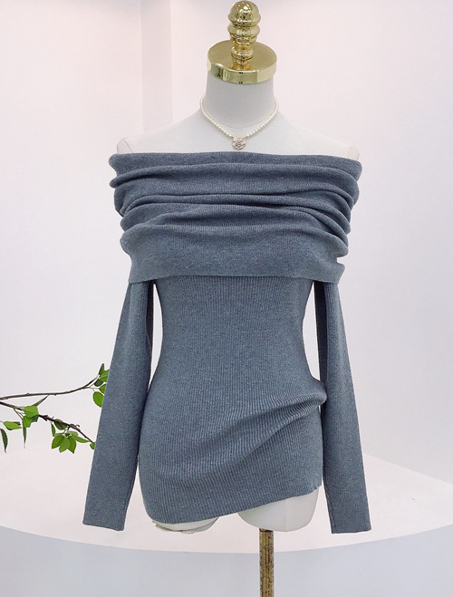 Retro Temperament Lazy Style Short Slimming Set Head One Line Shoulder Off-shoulder Sweater Woman
