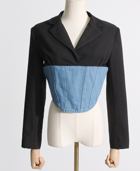 Long Sleeve Suit Jacket Spliced Denim Waist Slimming Back Zipper Suit Top
