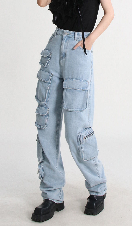 Personality Street Wash Jeans 2023 Autumn And Winter Tooling Multi-bag Splicing Loose When Heavy Casual Pants