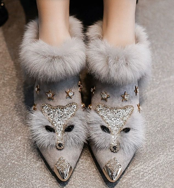 Winter Cashmere Fox Head Lazy Hair Shoes For Women A Slip-on Shoes For Women Chunky Heel Ankle Boots