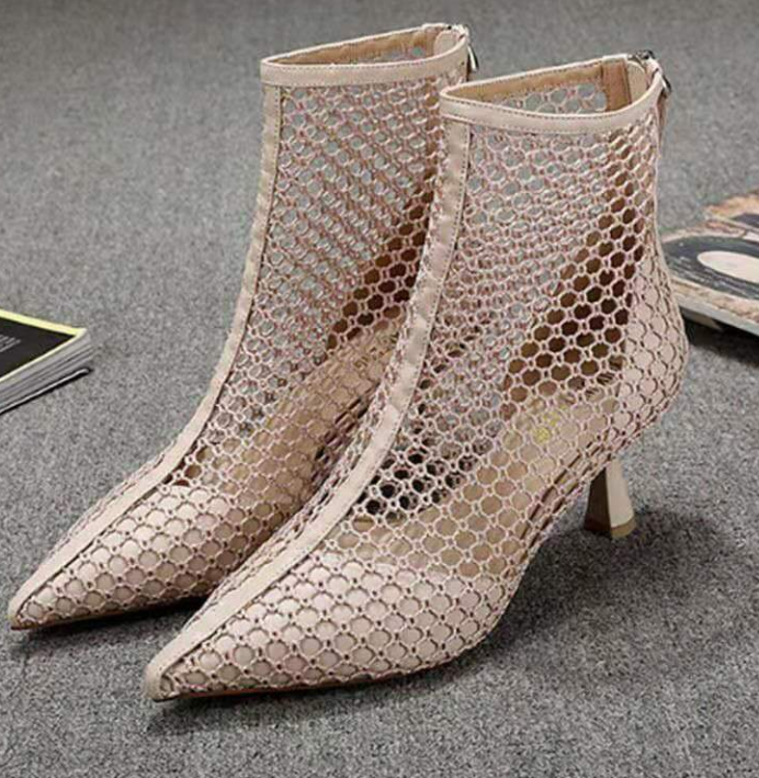 Sexy Mesh Hollow Breathable Zipper Mid-heel Cool Boots Women's Summer Pointy Stiletto Sandals High Heels