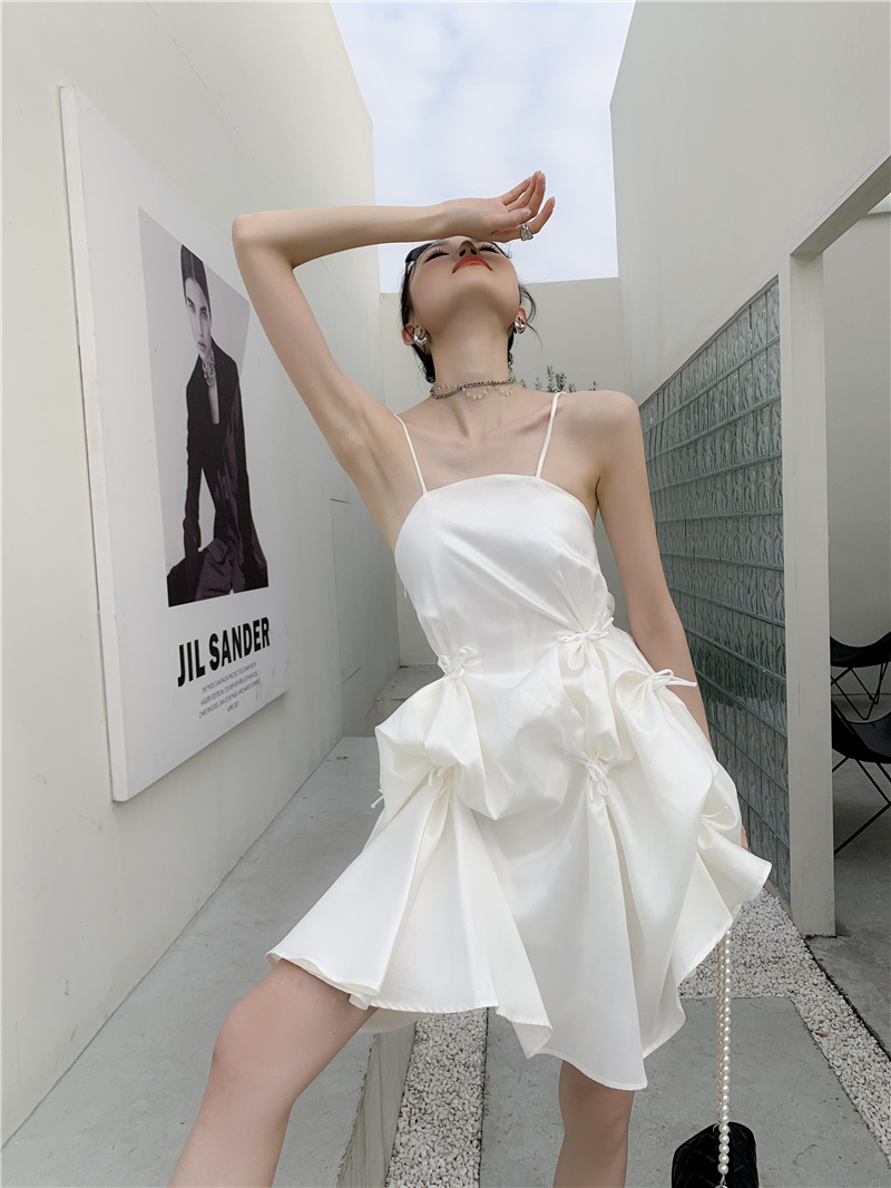 White Halter Dress Women Small Medium Long Bow Irregular Pompadour Skirt