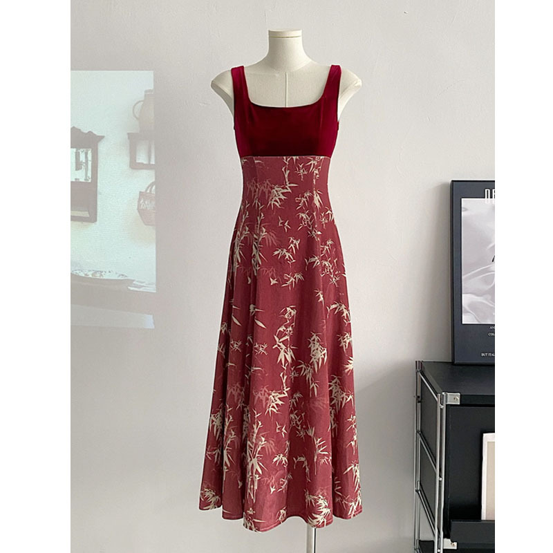 Ink Chinese Sling Dress Female Early Autumn Red Toasting Dress Temperament Banquet Small Red Skirt