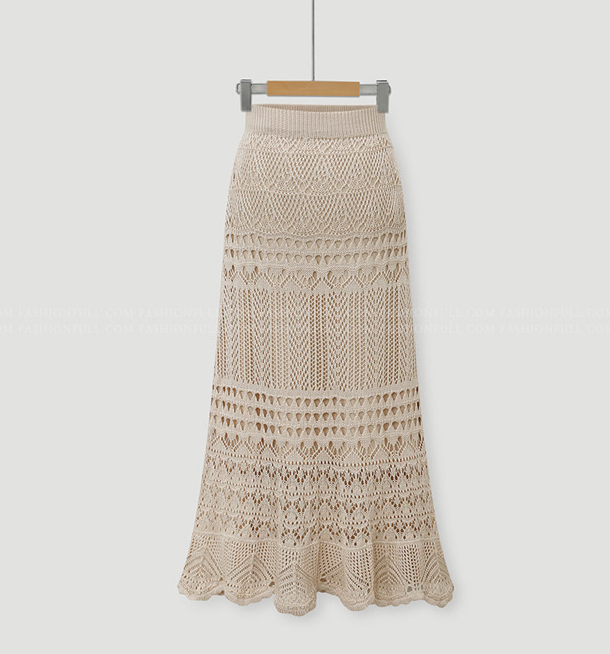 Half Skirt Female Spring And Autumn Plu Size High Waist Loose Large Size Hook Flower Hollow Knit Half Bag Hip Midi Skirt Female