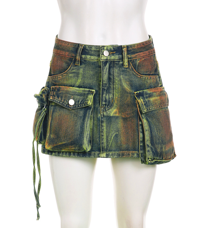 Tie-dye Old Three-dimensional Splicing Irregular Large Pockets High Waist Zipper Slim Denim Skirt