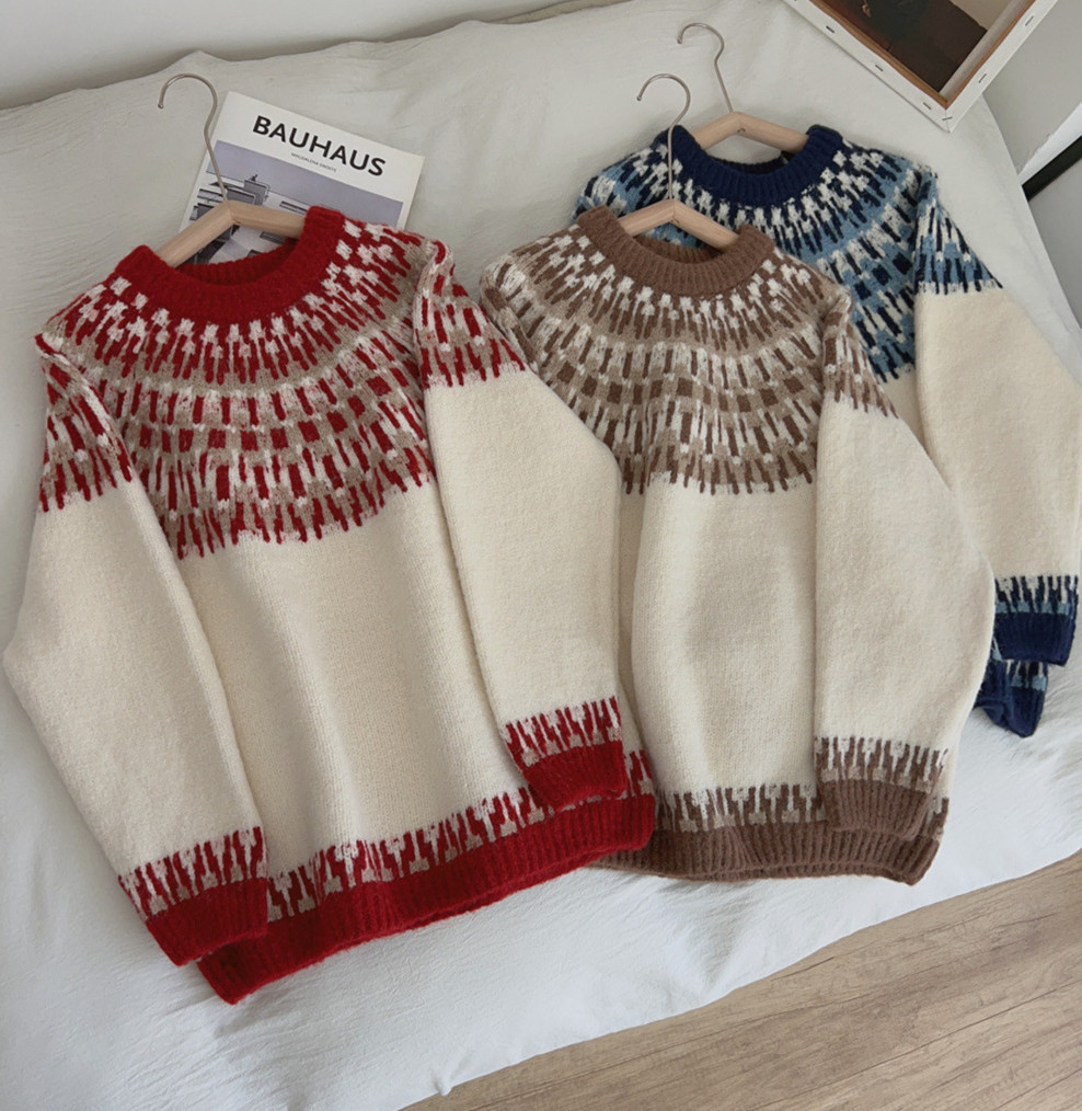 Sweater Women's Autumn And Winter Mori Vintage Lazy Style Contrast Color Sweater Top