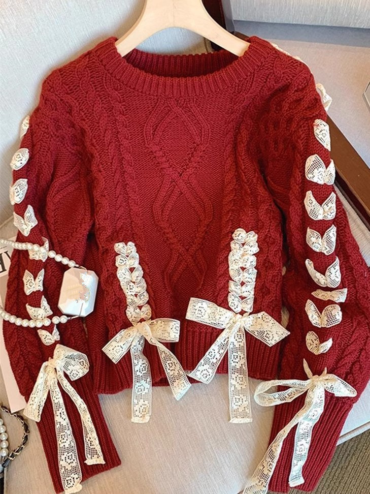 Red Bow Lace Lace Lace Lace Christmas Sweater Women's Thick Year Sweater Winter