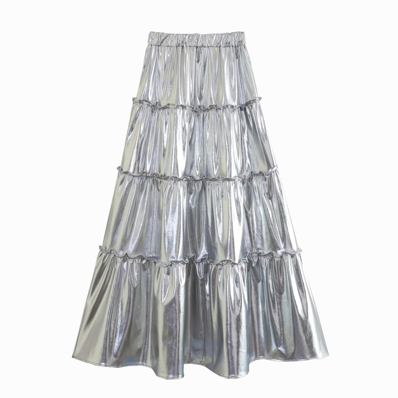 Summer Fashion Fresh Elastic Waist Metallic Silver A-line Skirt Women