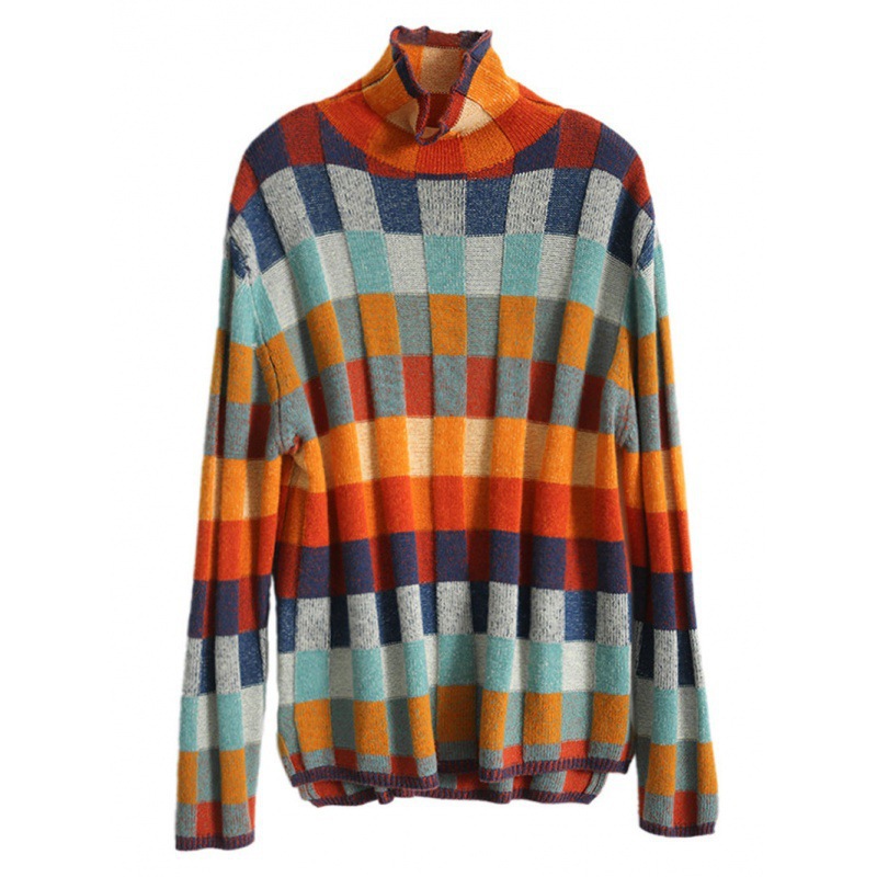 Colorful Checkerboard Cashmere Sweater Turtleneck Slouchy Look Thin With A Plaid Sweater