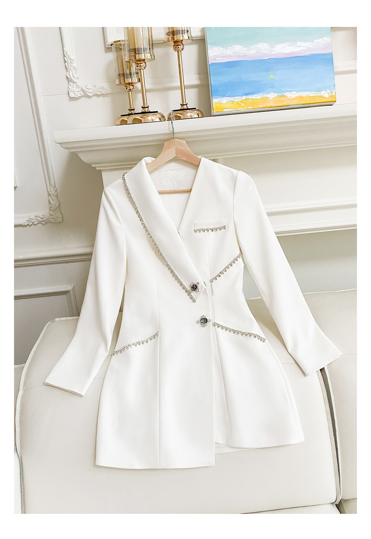 Heavy Industry Diamond-encrusted Suit Dress High-grade Temperament Goddess Fan White Suit Jacket Female Autumn Wear