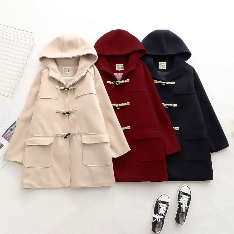 Winter Horn Button Woolen Coat Women's Long Autumn And Winter Girl Students All The Thick Coat