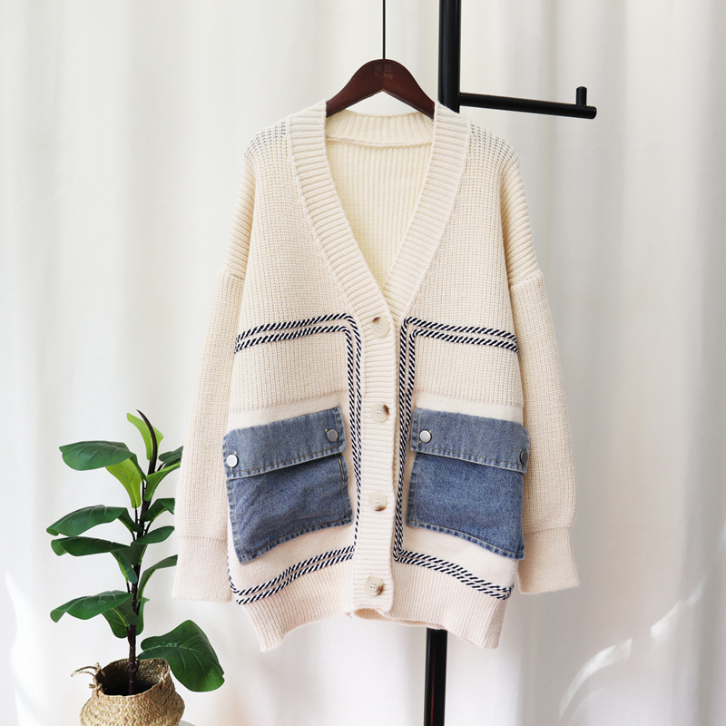 Loose Patchwork Denim Knit Cardigan Design Feeling Lazy Sweater Coat Women