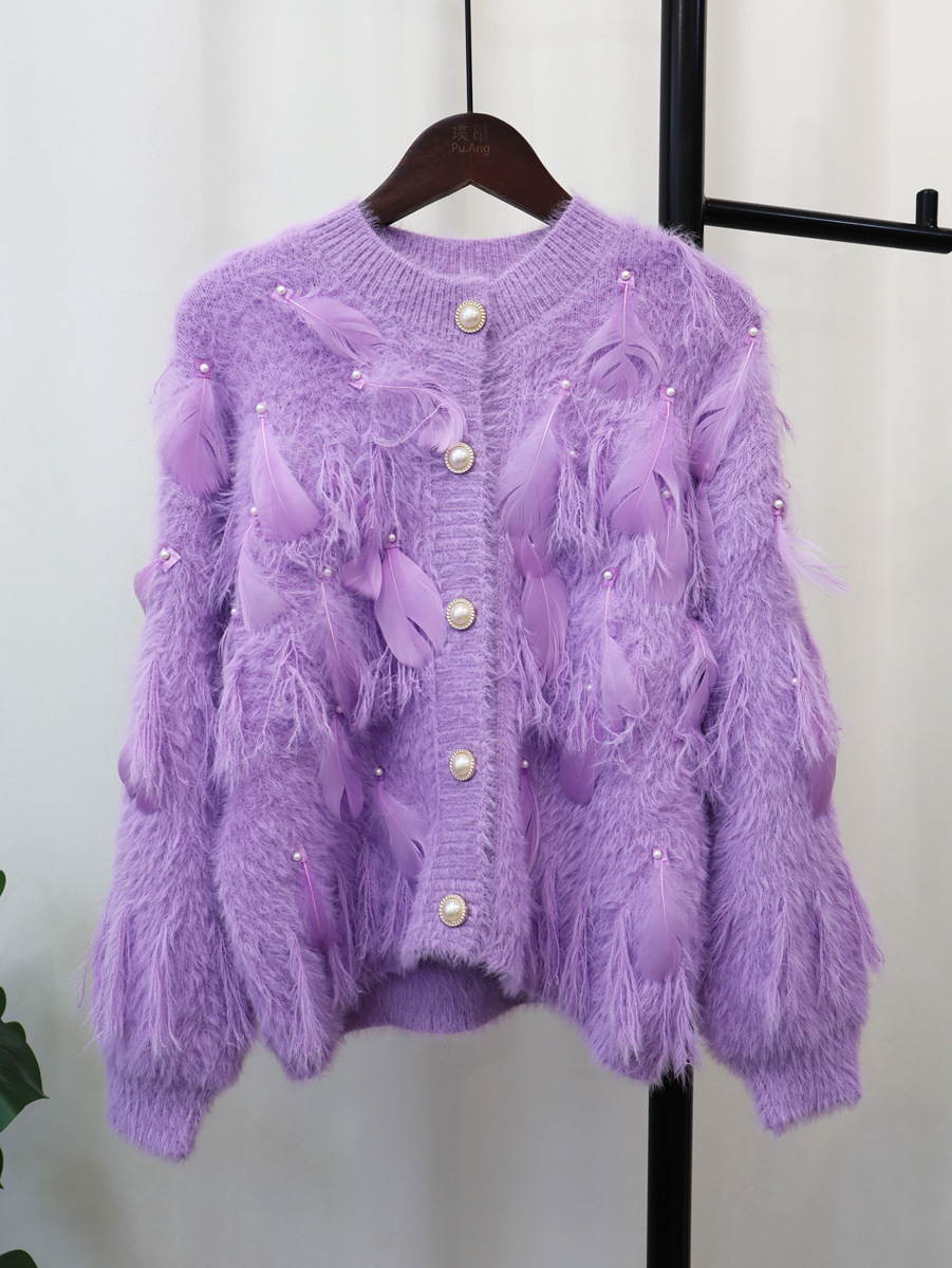 Lavish Lavender Feather-embellished Cardigan