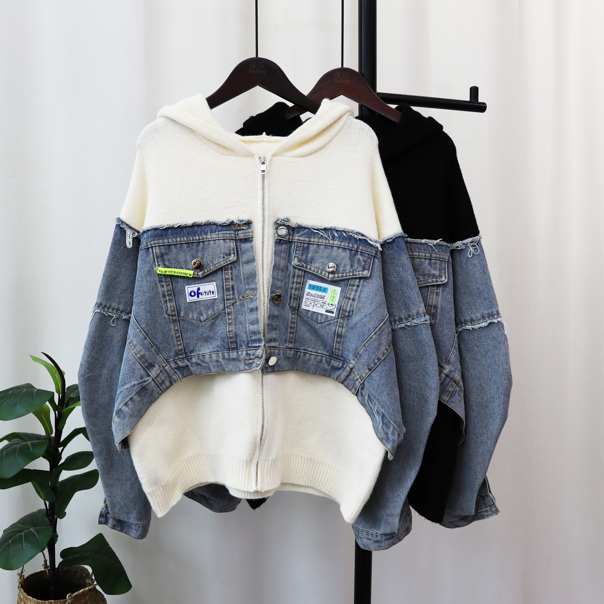 Autumn And Winter Patchwork Denim Cardigan Hoodie Loose Design To Feel Foreign Style Sweater Coat