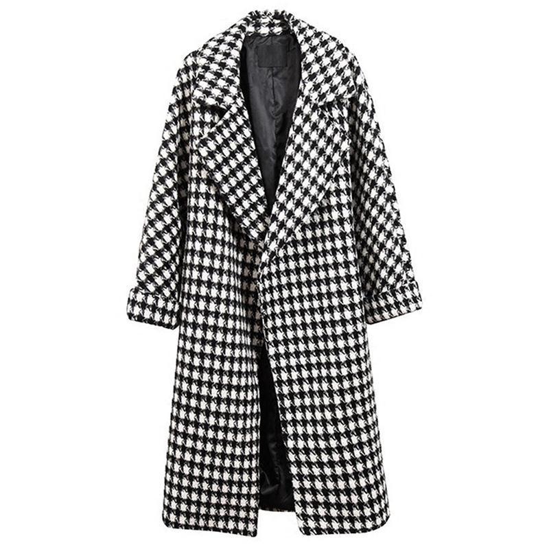 Black And White Cocoon Type Thousand-bird Gingham Coat Women Loose Retro Nine-minute Sleeve Long Autumn And Winter Thick Coat