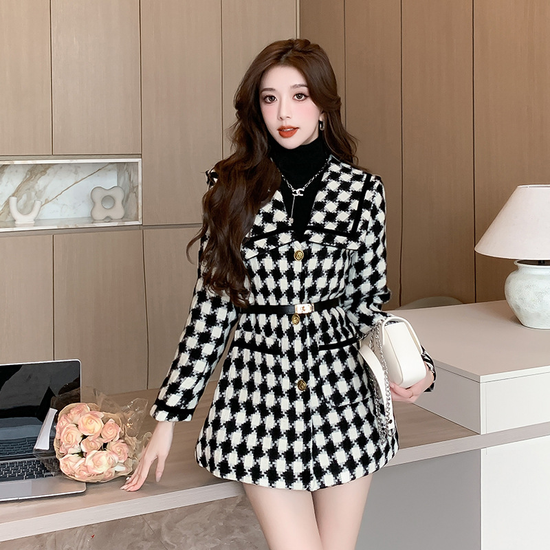 Autumn And Winter Double-breasted Woolen Suit Slim Doll Collar Skirt
