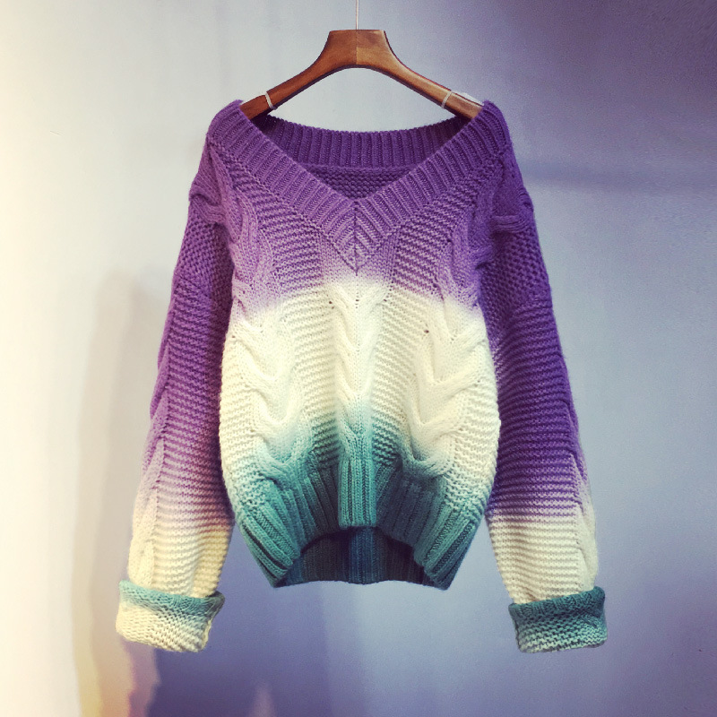 Autumn Korean Version Smoulding Gradual Color Twist Sweater V-neck Lazy Pullover Sweater Woman