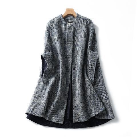 Grey Plaid Woolen Coat Women's Mid-length 2023 Autumn And Winter Fashion Round Neck Seven-point Sleeve Loose Coat