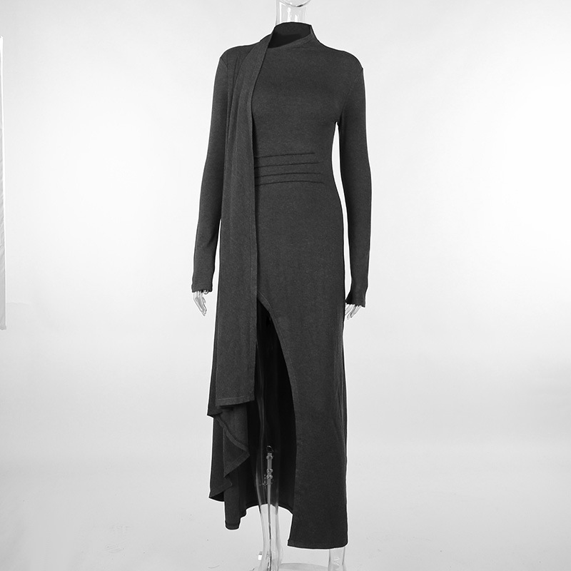 Knitted Long-sleeved Sexy Slit Slim Dress