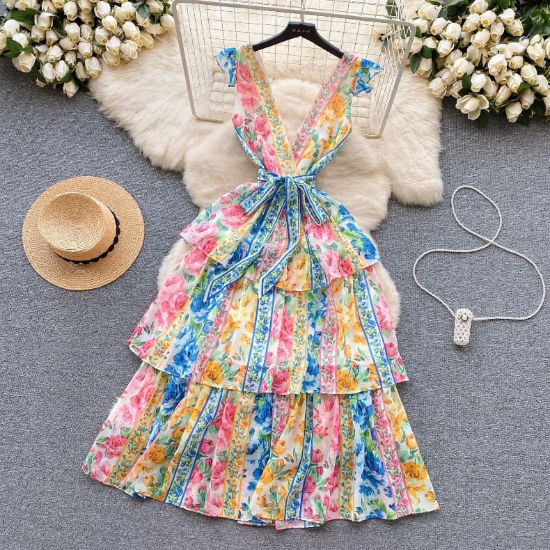 Sexy Deep V-neck Lace-up Waist Slimming Mid-length Floral Ruffle Skirt