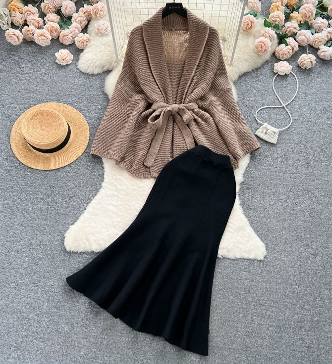 Elegant Taupe Knit Cardigan And Black Flare Skirt Set
