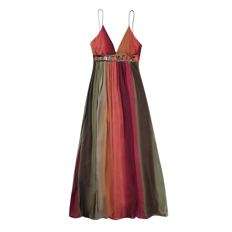 Summer Women's Fashion Simple Stone Inlaid Midi Dress
