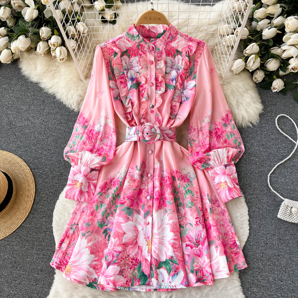 Floral Floral Dress For Women With Wooden Ear Edge Standing Collar Lantern Sleeve Printed Long Dress